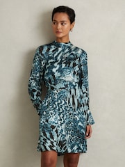 Reiss Ester Printed Cu centură/curea Cravată Neck Mini Rochie - Image 4 of 6