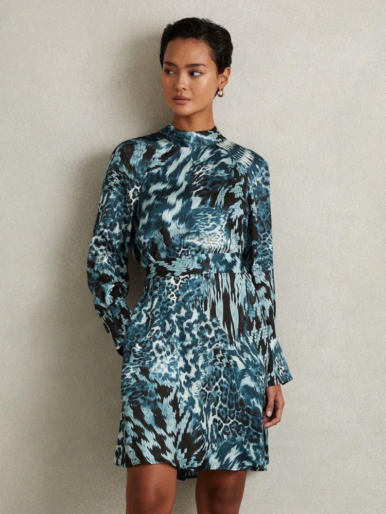 Reiss Ester Printed Cu centură/curea Cravată Neck Mini Rochie - Image 4 of 6