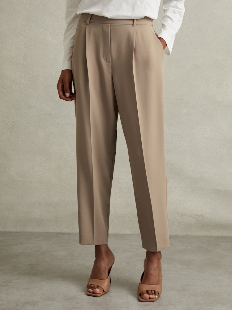 Reiss Mink Neutral Eden Taper Petite Front Pleat Tapered Trousers - Image 1 of 6