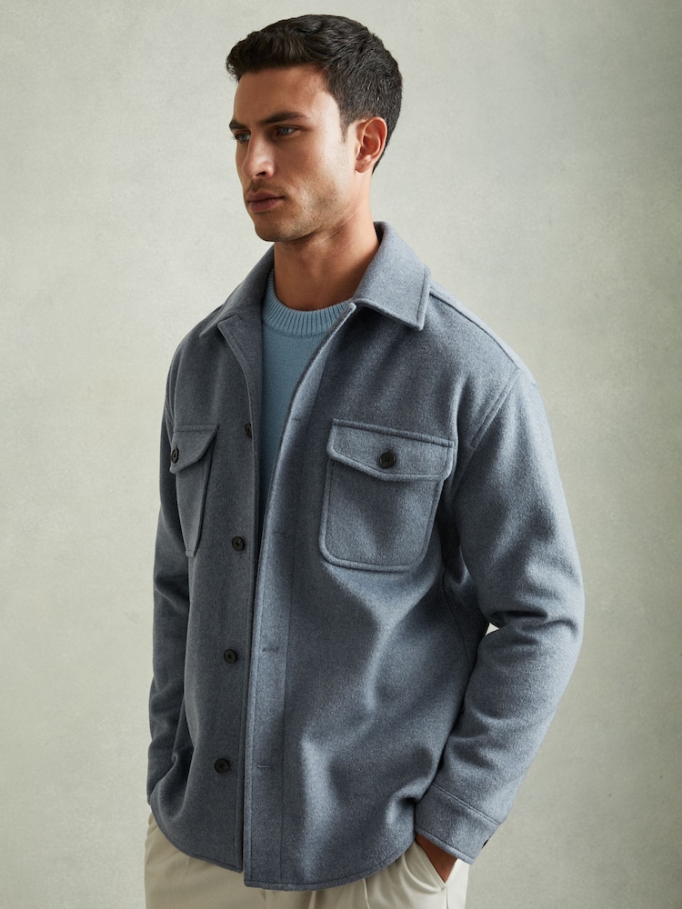 Reiss Airforce Blue Liam Wool-Blend Melton Overshirt - Image 1 of 6