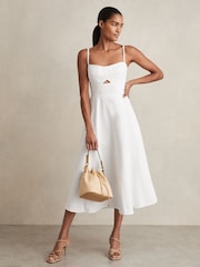 Reiss White Annie Denim Fit and Flare Midi Dress - Image 1 of 6