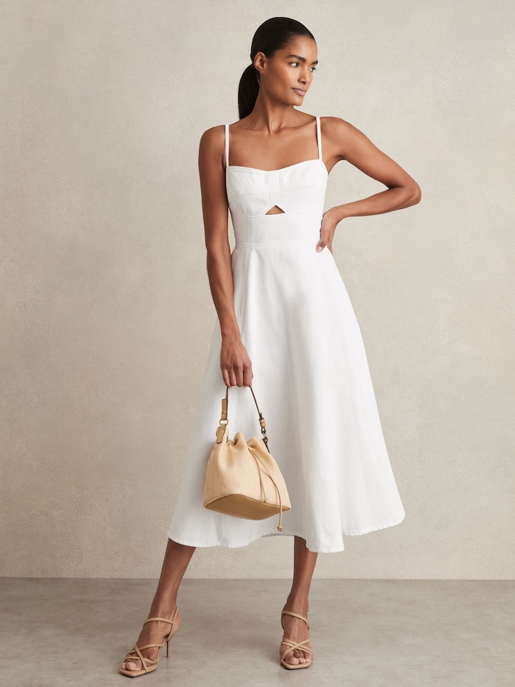 Reiss White Annie Denim Fit and Flare Midi Dress - Image 1 of 6