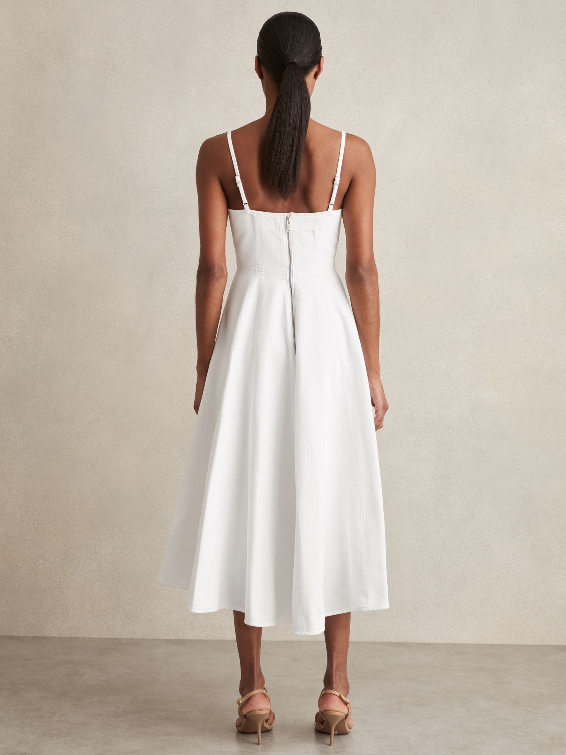 Buy Reiss White Annie Denim Fit and Flare Midi Dress from