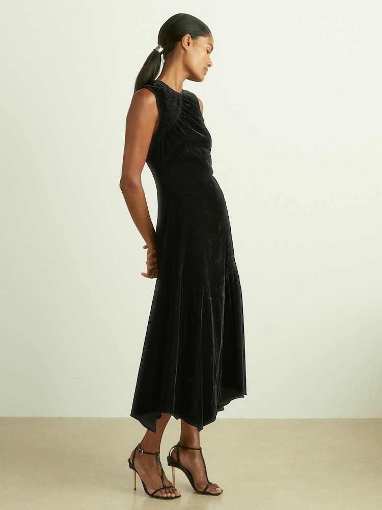 Reiss Blakely Velvet Shirred Panel Midi Dress - Imagen 1 de 5 Reiss Blakely Velvet Shirred Panel Midi Dress - Imagen 1 de 5