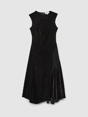 Reiss Black Blakely Velvet Shirred Panel Midi Dress - Image 2 of 5