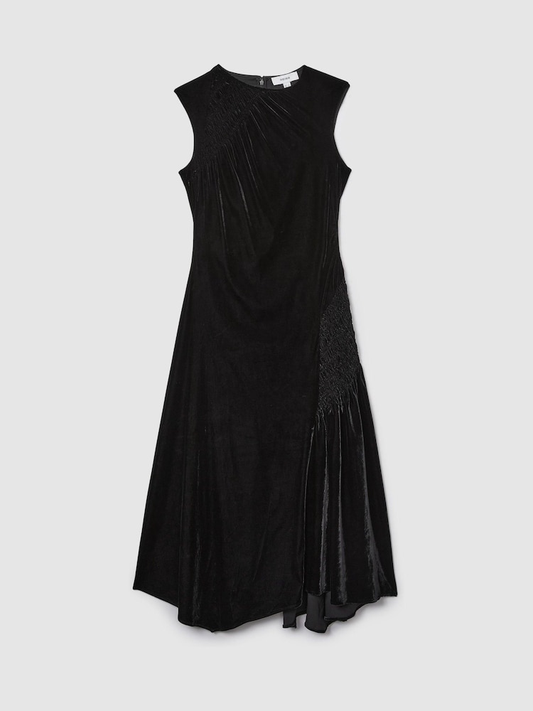 Reiss Black Blakely Velvet Shirred Panel Midi Dress - Image 2 of 5