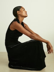 Reiss Black Blakely Velvet Shirred Panel Midi Dress - Image 3 of 5