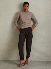 Reiss Chocolate Alessio Tapered Drawstring Cotton Combat Trousers - Image 1 of 6