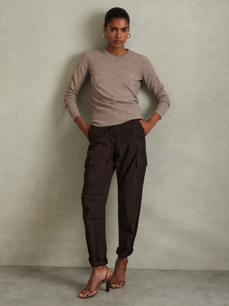 Reiss Chocolate Alessio Tapered Drawstring Cotton Combat Trousers - Image 1 of 6