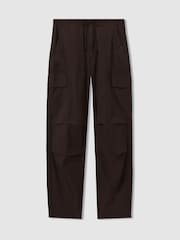 Reiss Chocolate Alessio Tapered Drawstring Cotton Combat Trousers - Image 2 of 6