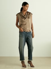 Reiss Khaki Fina Satin Cowl-Neck Top - Image 3 of 6