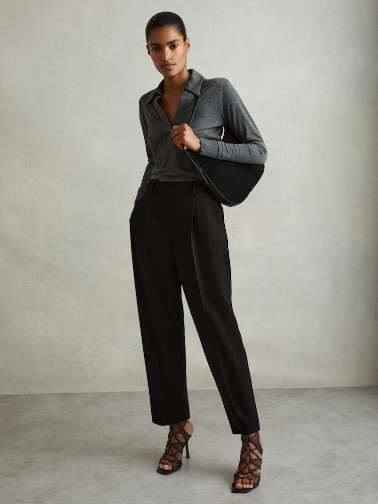 Reiss Black Eden Taper Front Pleat Tapered Trousers - Image 1 of 6