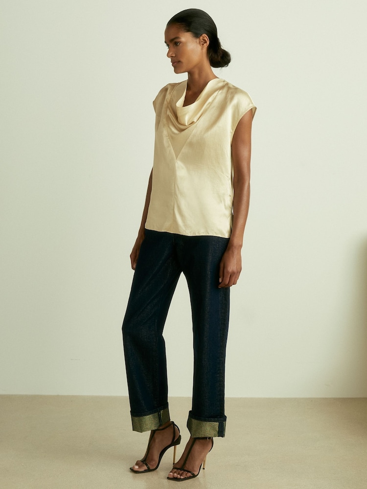 Reiss Cream Fina Satin Cowl-Neck Top - Image 1 of 6 Reiss Cream Fina Satin Cowl-Neck Top - Image 1 of 6