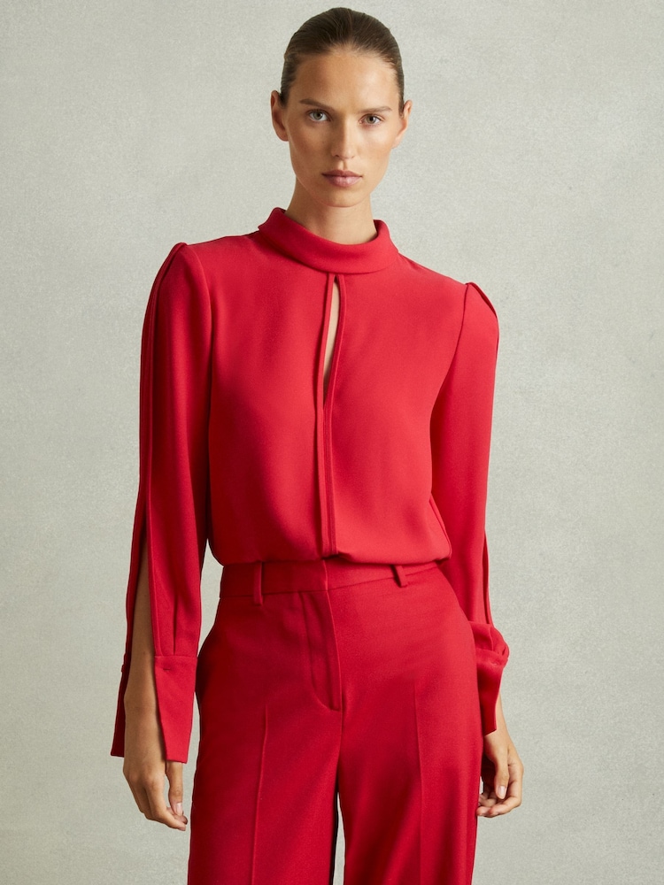 Reiss Red Cherry Removable Shoulder Pad Blouse - Image 1 of 6