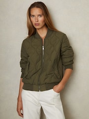 Reiss Khaki Quinn Quilted Bomber Jacket - Image 1 of 5