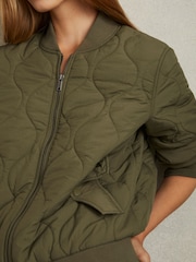 Reiss Khaki Quinn Quilted Bomber Jacket - Image 3 of 5