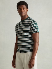 Reiss Fir Green/Silverbirch Bonne Mercerised Cotton Striped Crew Neck T-Shirt - Image 1 of 5