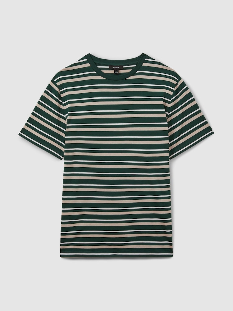 Reiss Fir Green/Silverbirch Bonne Mercerised Cotton Striped Crew Neck T-Shirt - Image 2 of 5