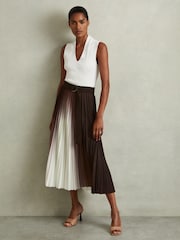 Reiss Chocolate Emiliana Pleated Crepe Ombré Midi Skirt - Image 1 of 6