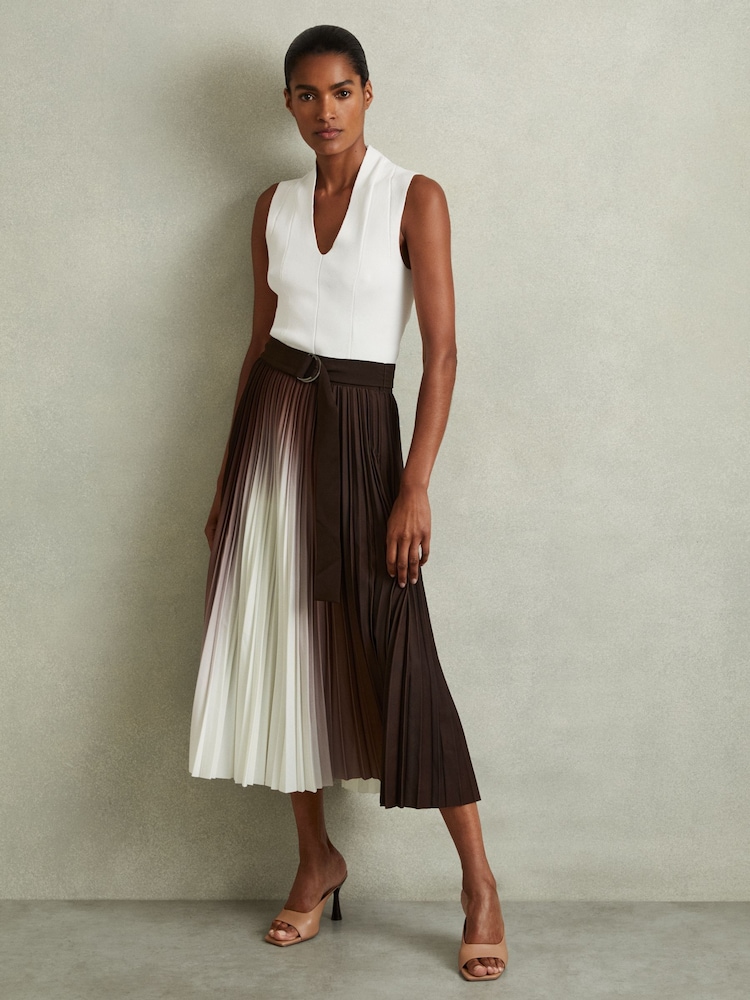Reiss Chocolate Emiliana Pleated Crepe Ombré Midi Skirt - Image 1 of 6