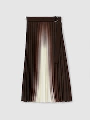 Reiss Chocolate Emiliana Pleated Crepe Ombré Midi Skirt - Image 2 of 6