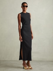 Reiss Navy Truly Ribbed Ruched Jersey Midi Dress - Image 1 of 6