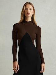 Reiss Chocolate/Black Hope Petite Colourblock Ribbed Midi Dress - Image 1 of 6