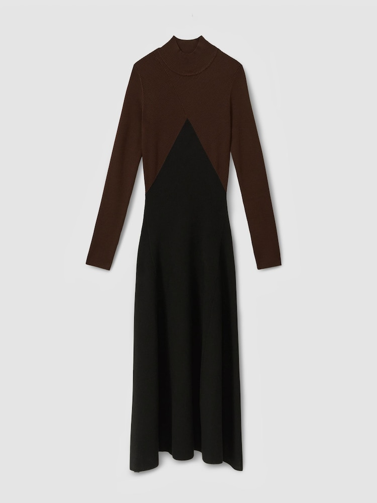Reiss Chocolate/Black Hope Petite Colourblock Ribbed Midi Dress - Image 2 of 6