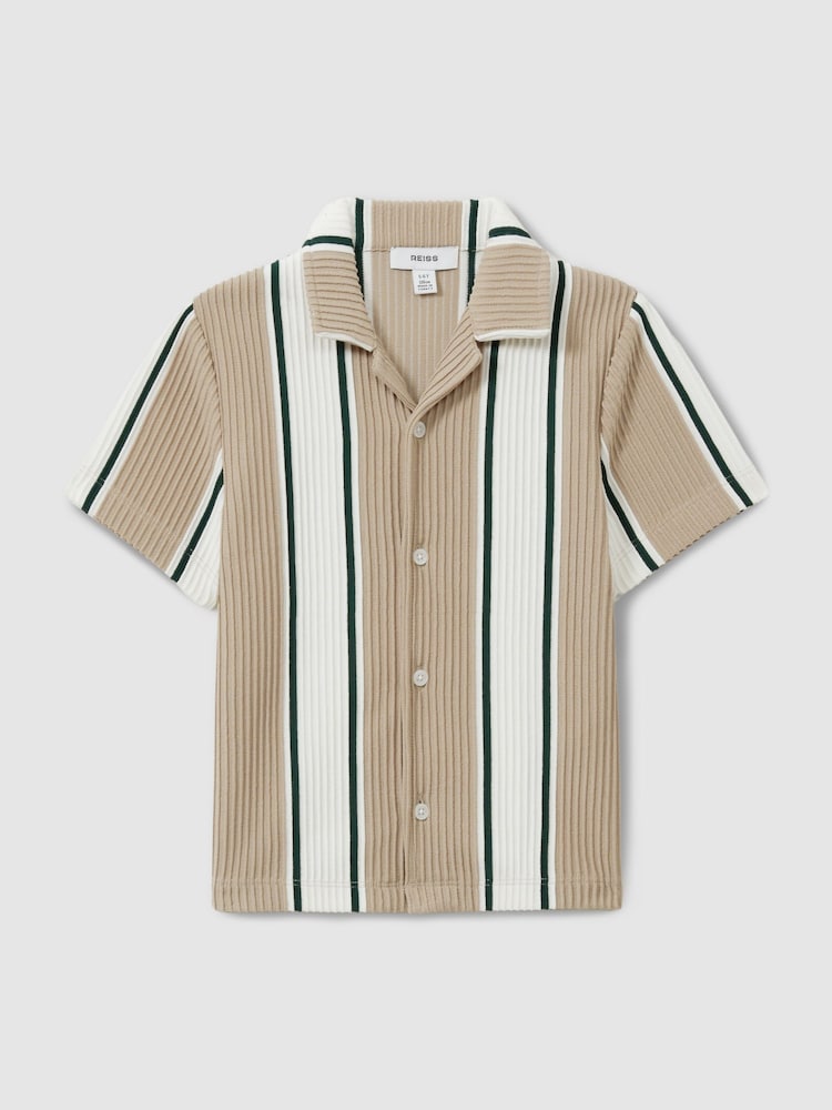 Reiss Camel/Off White/Forest Green Alton 9-13 yrs Ribbed Cuban Collar Shirt - Image 2 of 4