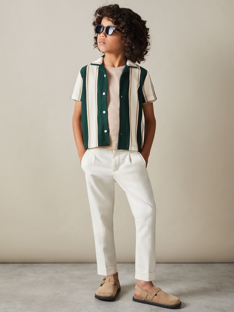 Reiss Forest Green/Off White/Soft Camel Brown Alton 3-9 yrs Ribbed Cuban Collar Shirt - Image 1 of 4