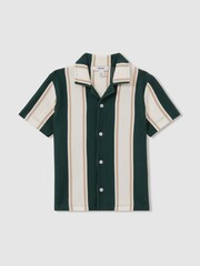 Reiss Forest Green/Off White/Soft Camel Brown Alton 3-9 yrs Ribbed Cuban Collar Shirt - Image 2 of 4