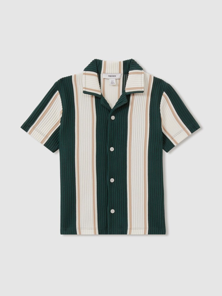 Reiss Forest Green/Off White/Soft Camel Brown Alton 3-9 yrs Ribbed Cuban Collar Shirt - Image 1 of 4 Reiss Forest Green/Off White/Soft Camel Brown Alton 3-9 yrs Ribbed Cuban Collar Shirt - Image 1 of 4