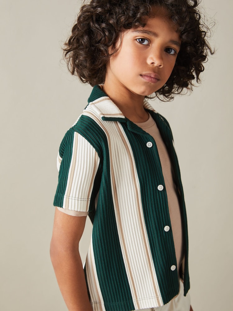 Reiss Forest Green/Off White/Soft Camel Brown Alton 3-9 yrs Ribbed Cuban Collar Shirt - Image 1 of 3
