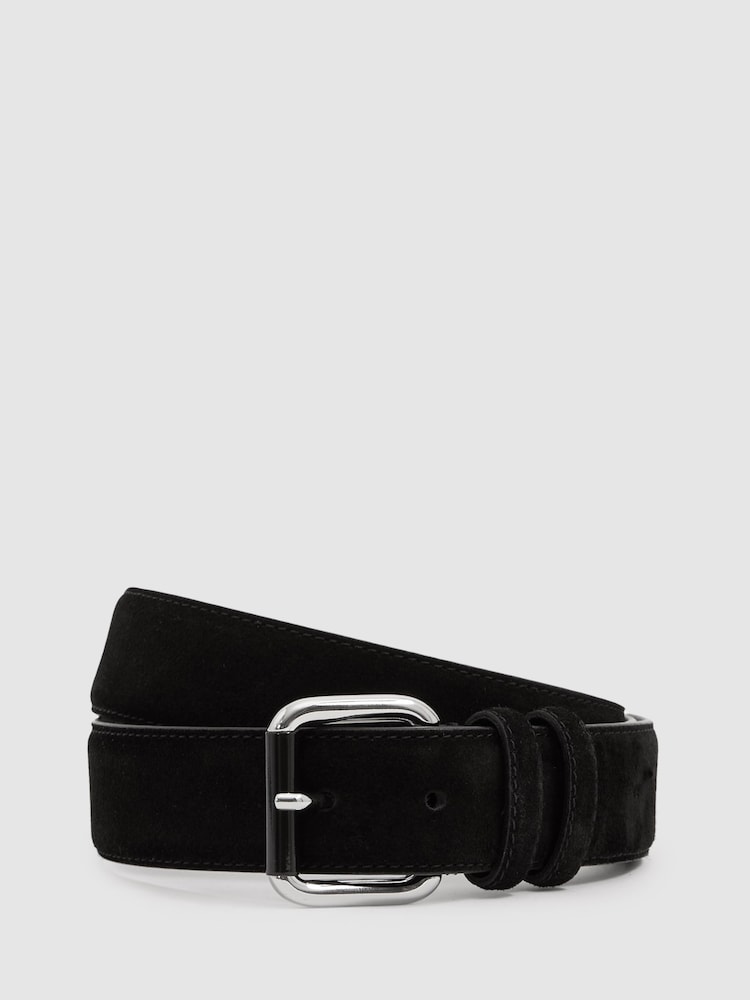 Reiss Black Louie Suede Roller Bar Belt - Image 1 of 4 Reiss Black Louie Suede Roller Bar Belt - Image 1 of 4