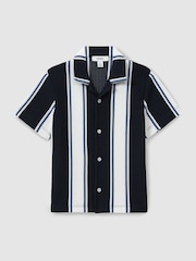 Reiss Navy/Off White/Airforce Blue Alton 9-13 yrs Ribbed Cuban Collar Shirt - Image 2 of 4