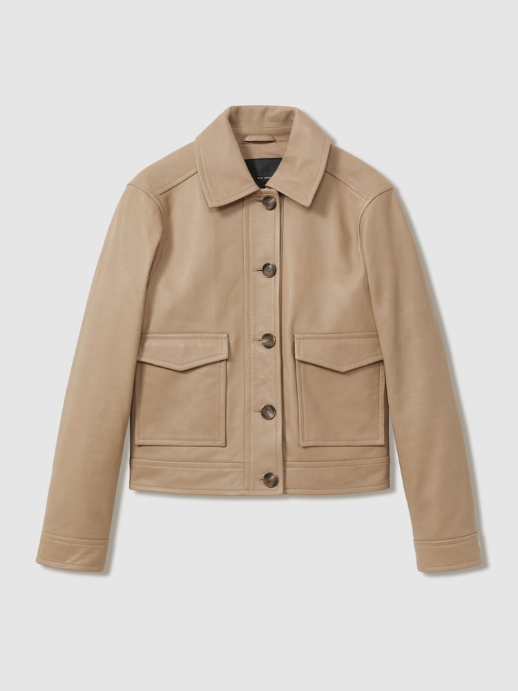 Reiss Neutral Hanson Leather Trucker Jacket - Image 2 of 7