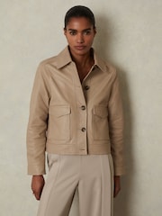 Reiss Neutral Hanson Leather Trucker Jacket - Image 4 of 7