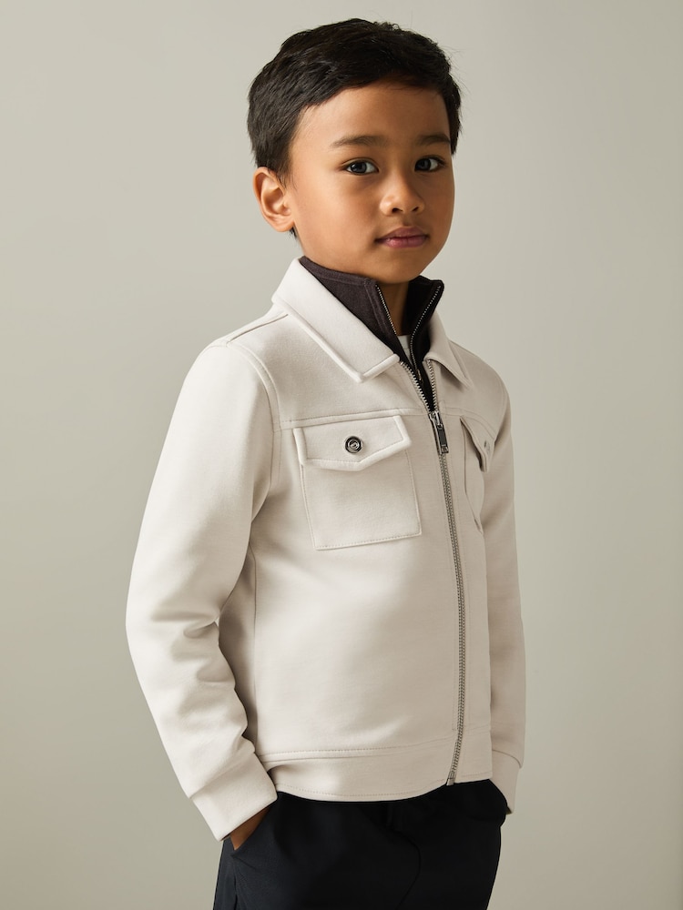 Reiss Cement Medina Interlock Jersey Zip-Through Jacket - Image 1 of 4