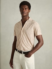 Reiss Dusty Pink Carter Geometric-Jacquard Cuban-Collar Shirt - Image 1 of 6