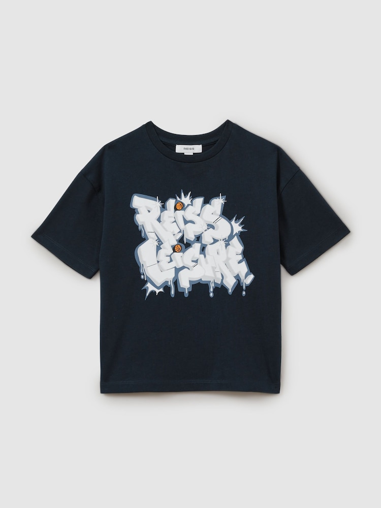 Reiss Navy Pictor Senior Oversized Graffiti Print 100% Cotton T-Shirt - Image 2 of 4