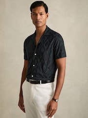 Reiss Navy Carter Geometric-Jacquard Cuban-Collar Shirt - Image 1 of 6
