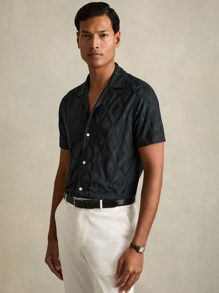 Reiss Navy Carter Geometric-Jacquard Cuban-Collar Shirt - Image 1 of 6