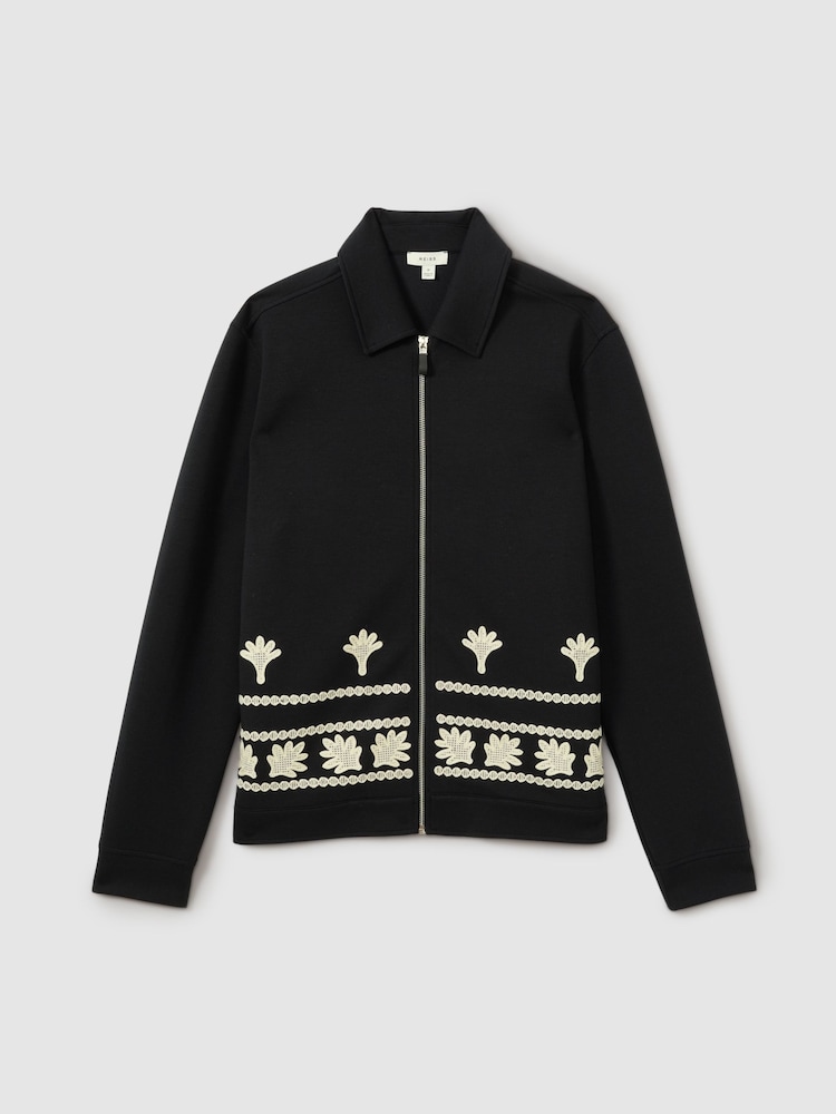 Reiss Navy Gatsby Interlock Jersey Embroidered Jacket - Image 2 of 5