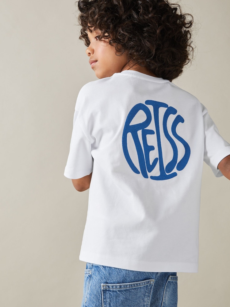 Reiss Optic White/Blue Alva 9-13 yrs Oversized Cotton Embroidered T-Shirt - Image 1 of 5
