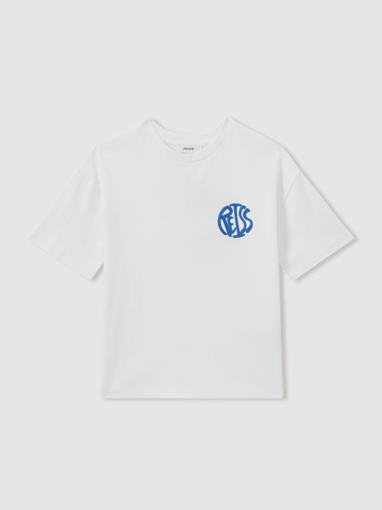 Reiss Optic White/Blue Alva 9-13 yrs Oversized Cotton Embroidered T-Shirt - Image 2 of 5
