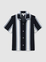 Reiss Navy/Off White/Airforce Blue Alton Teen Ribbed Cuban Collar Shirt - Image 1 of 4
