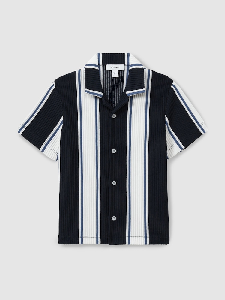 Reiss Navy/Off White/Airforce Blue Alton Teen Ribbed Cuban Collar Shirt - Image 1 of 4