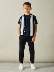 Reiss Navy/Off White/Airforce Blue Alton Teen Ribbed Cuban Collar Shirt - Image 2 of 4