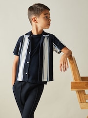 Reiss Navy/Off White/Airforce Blue Alton Teen Ribbed Cuban Collar Shirt - Image 3 of 4