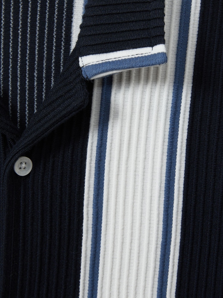Reiss Navy/Off White/Airforce Blue Alton Teen Ribbed Cuban Collar Shirt - Image 4 of 4